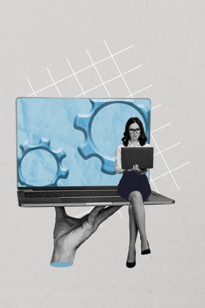 istock Template sketch image artwork collage of hand hold laptop internet virtual netbook device young lady sit work distance display cogwheel 2195640354