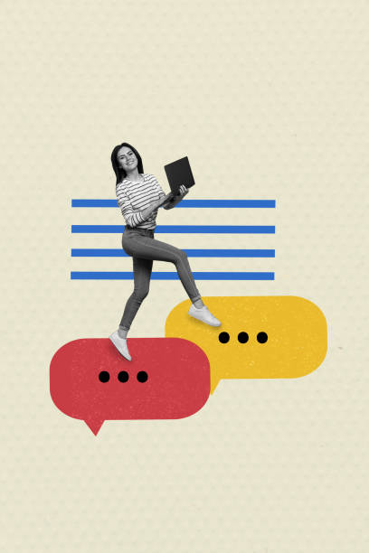 istock Creative trend artwork design 3D collage sketch of young lady walk hold laptop mind dialog message communication contact type remote 2195640842