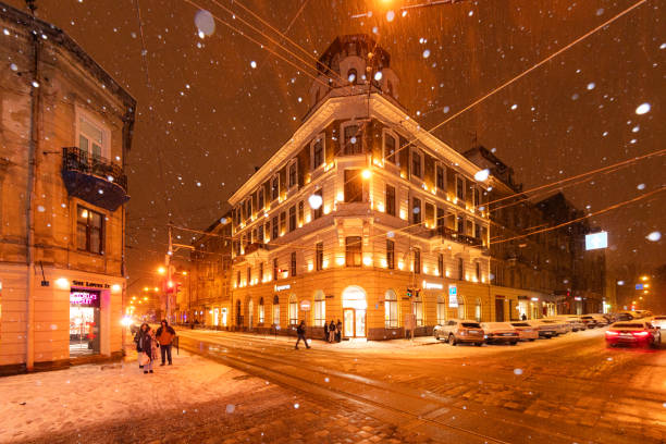Lviv, Ukraine - January 12, 2025: Lviv street in winter night