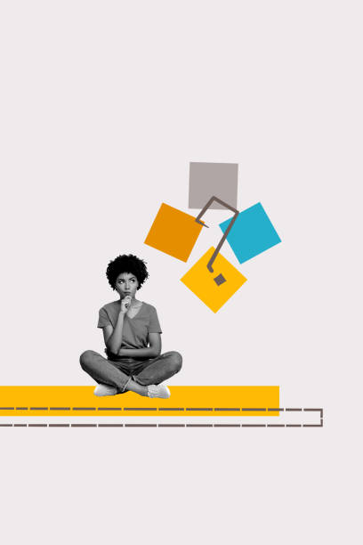 istock Template collage design trend artwork 3D sketch of primitive element figure geometric cube think creative decision choice young woman sit 2195642015
