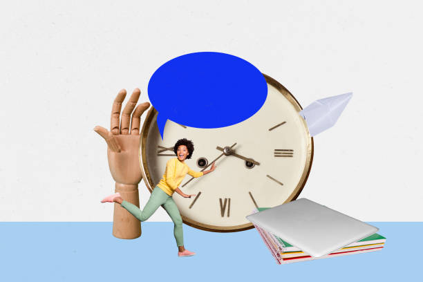 istock Composite artwork collage template sketch of deadline point time work o'clock young lady run smile paper plane message laptop speech cloud 2195642118