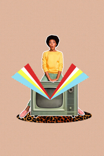 istock Creative artwork template sketch image 3D collage of obsolete retro television translation program silhouette young lady stand amazed 2195642173