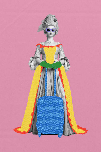 istock Creative composite sketch design artwork collage of rococo elegance powdered wig aristocracy young woman stand hand hold baggage travel 2195644632