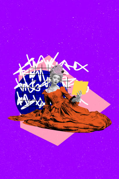 istock Vertical art banner collage of serious ancient countess read book education concept literature novel hobby wear victorian dress 2195644702