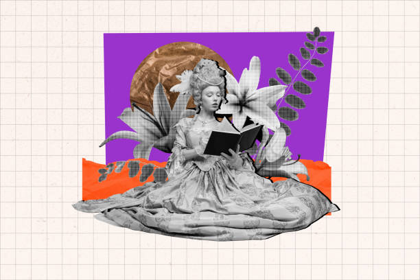 istock 3D collage trend artwork composite sketch poster of young woman sit down read book library vintage royal corset marie antoinette opulence 2195644736