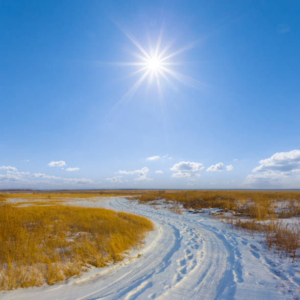 twisted ground road among snowbound prairie under a sparkle sun