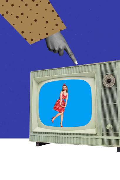 istock Collage design composite trend sketch of tv program broadcasting news young lady model posing retro television hand gesture finger touch 2195649029