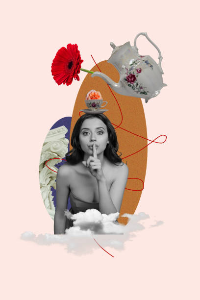 istock 3D photo collage template trend artwork composite of young lady hand gesture shh keep silence head hold cut teapot pour flower sky cloud 2195649750