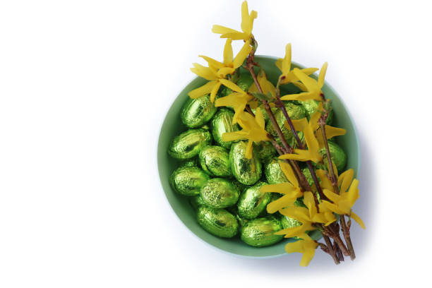 Green Easter chocolate eggs in a pale bowl with Forsythia branches with yellow flowers on white background