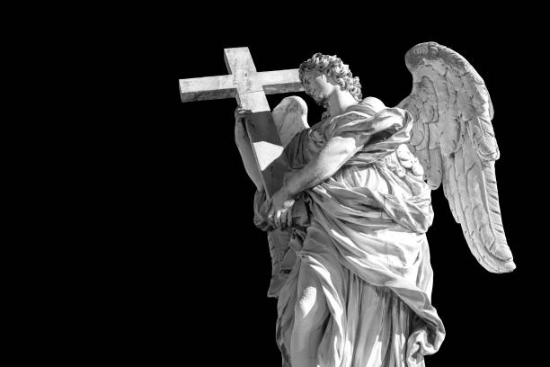 Statues on the bridge in Rome. Black and white photo and retro style.