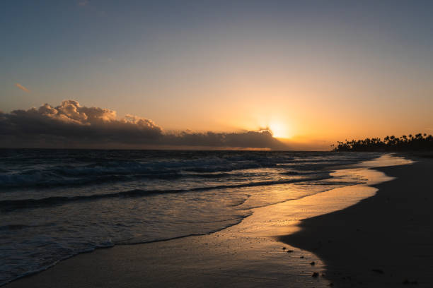 A beautiful sunrise on the beach of Arena Gorda in Punta Cana (Dominican Republic) The sun is rising and while this is happening the sound of the small waves of the sea reaching the sand of the beach floods you, filling you with tranquility and calmness. It is a spectacle of nature to enjoy this moment while on vacation. The palm trees in the background remind you of where you are. Copy Space