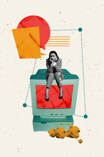 istock Template collage design trend artwork sketch of young lady sit speech cloud chatting app online remote device technology computer display 2195653906