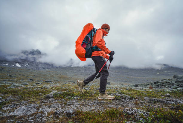 istock A man Hiking in Mountain Terrain with Backpack and Trekking Poles 2195654243