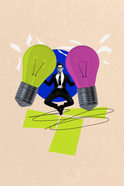 istock Composite 3D photo collage design trend sketch of young guy jump hand hold idea bulb think smart success graphics charts analyze business 2195654971