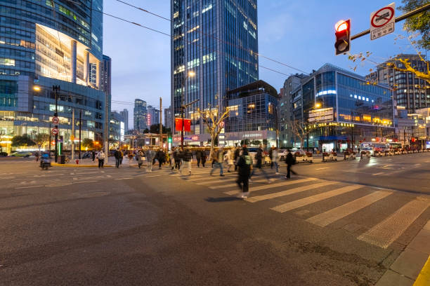 Shanghai, China. January 9, 2025.  view at dusk of the modern buildings in Piazza del Popolo in the city centre