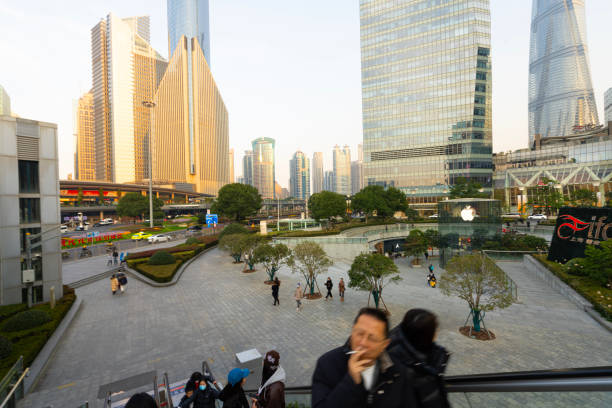 Shanghai, China. January 8, 2025.  A square between modern skyscrapers in the city centre