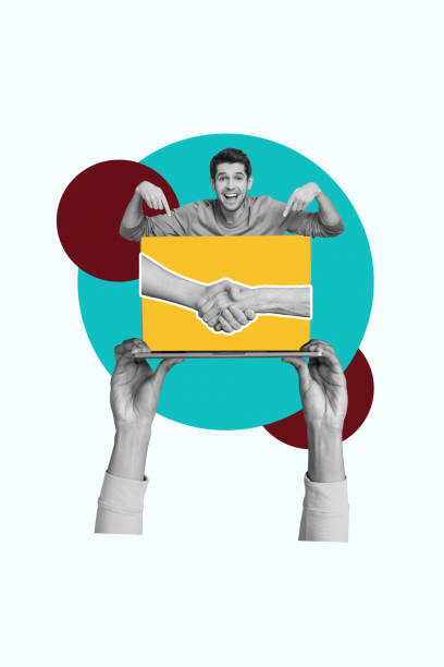 istock Creative design composite trend artwork collage of sign gesture body language hand hold laptop display handshake success partnership 2195655856