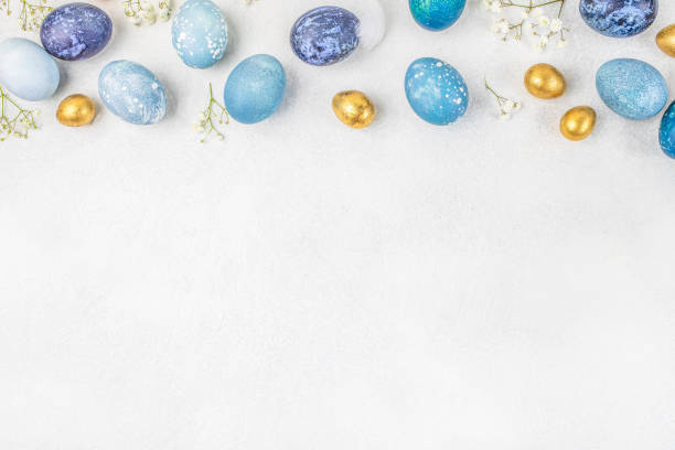 Easter decor concept. Stylish colorful eggs on white background. Happy Easter. top view. copy space