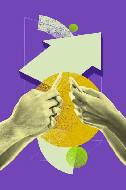 istock Vertical art banner collage of two hands hold phone freelancer occupation arrow development success growth career coworking 2195658181