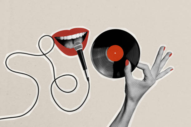 istock Sketch image artwork composite 3D photo collage of anonymous mouth talk sing song microphone hand gesture okay hold vinyl recorder party 2195658216