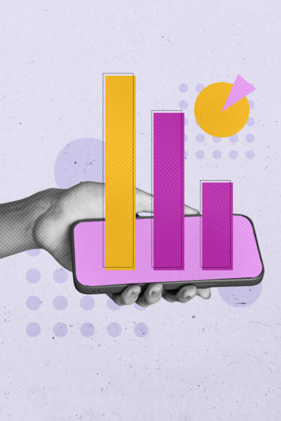 istock Image vertical art banner collage of hand hold phone screen chart statistics diagram development economy growth career technology 2195658240
