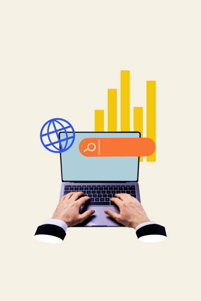 istock Exclusive image vertical photo collage of hands type modern laptop device search tab loupe prompt writing globe net icon 5g chart speed 2195658321