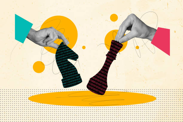 istock Art sketch collage of hands hold chess black figurine cyber code knight queen board game challenge rival opponent competition 2195658918