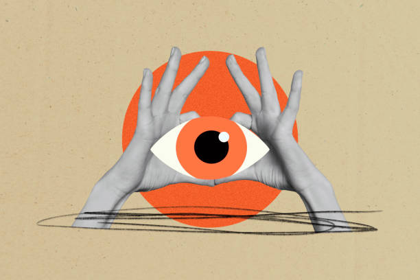 istock Creative retro 3d magazine collage image of hands show human eyeball stare third esoteric eyesight jewish control espionage 2195658944