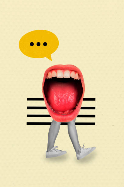 istock Trend composite sketch template 3D collage of app speech network cloud communication huge mouth teeth tongue walk shoes scream loud voice 2195659065