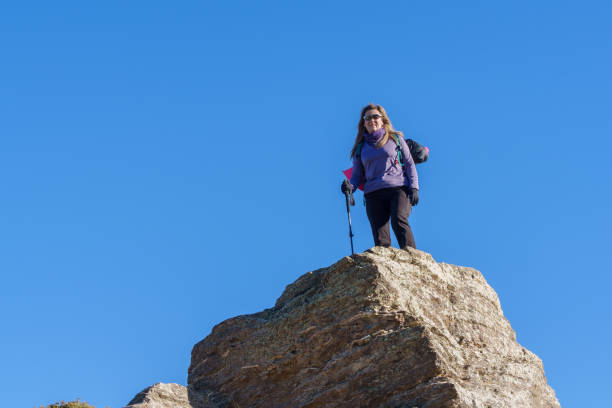 A female hiker in a purple jacket and sunglasses stands confidently on a rocky peak holding trekking poles, with a clear blue sky in the background.