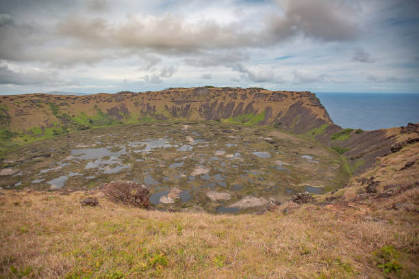 Caldera of Rano Raraku volcano on Easter Island. Chile