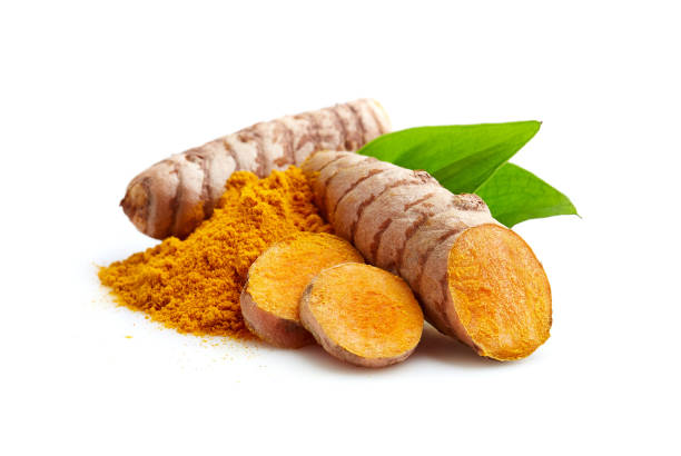 istock Turmeric root with leaves and powder on white background 2195664615
