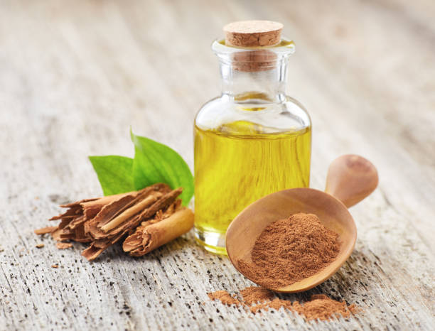 istock Cinnamon bark with essential oil on wooden background 2195665476