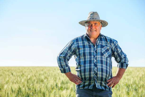 istock Elderly farmer in green field, copy space 2195666549