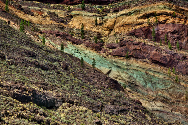 Fuente de los Azulejos in winter. The Monumento Natural Azulejos de Veneguera is a unique and one-of-a-kind basalt formation with amazing colors that can only be found here on Gran Canaria. During the day, the rocks shine in a natural turquoise and ochre color play.