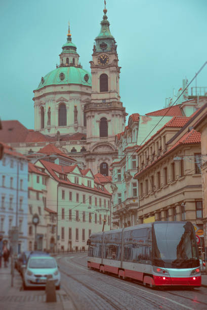 istock Twilight in winter Prague.   City tram 2195674803