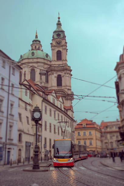 istock Twilight in winter Prague.   City tram 2195674817