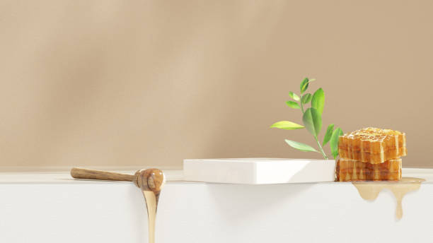 istock 3D background display stand with honey on white podium for product presentation in landscape 2195674901