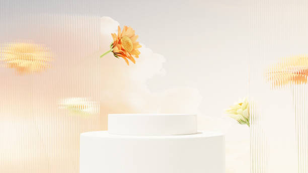 istock Background 3D rendering minimalist white podium and chrysanthemum flower for product presentation in landscape 2195680557