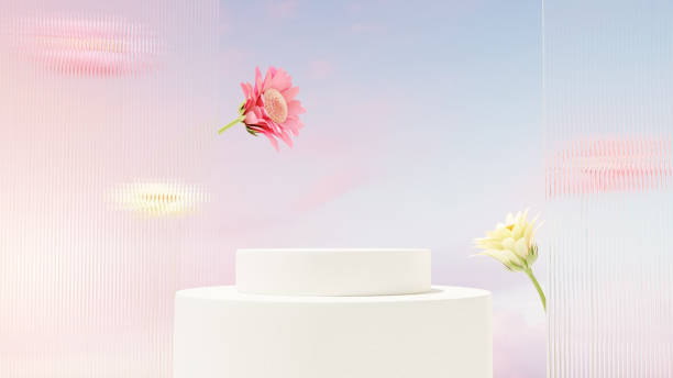 istock Background 3D rendering minimalist white podium with pink sky and chrysanthemum flower for product presentation in landscape 2195680563