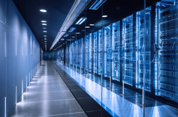 high-tech data center with server racks - byggnadskonstruktion bildbanksfoton och bilder