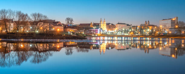 istock Minsk historical center at night by the river. 2195685649