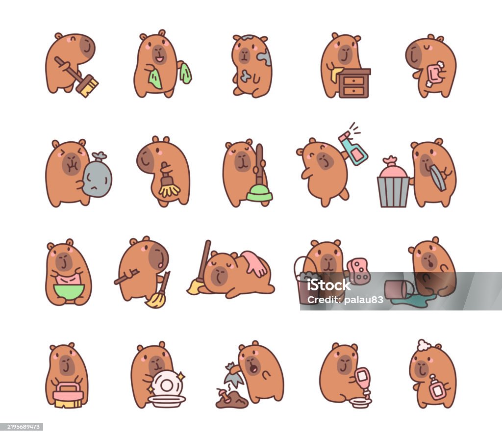 Capybara Daily Routine Capybara Cleaning Tools Set Featuring Kawaii Cartoon Characters ...