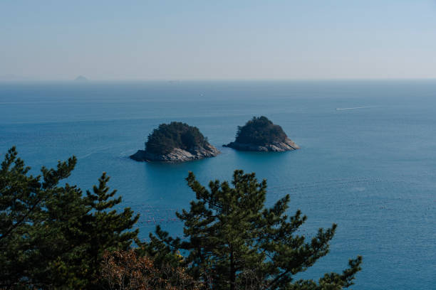 Serene coastal view of two small islands in a tranquil blue sea, seen from a vantage point.