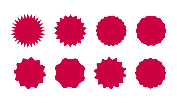 Circle red stickers. Wavy edge promo round badges. Star burst shape tags for prices. Blank sale layout. Silhouette icons. Flat graphic vintage labels mockups isolated on a white background.