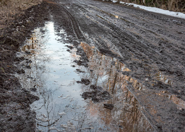 istock a muddy, wet road, mud texture, snow remnants, winter road 2195696879
