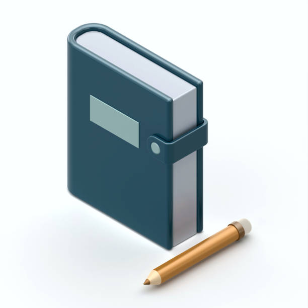 istock Minimalist closed notebook with strap and metallic plate on the cover, accompanied by gold pencil, placed on clean white background, 3d rendering 2195698966