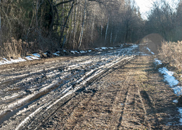 landscape with a muddy, wet road, mud texture, snow remnants, winter road