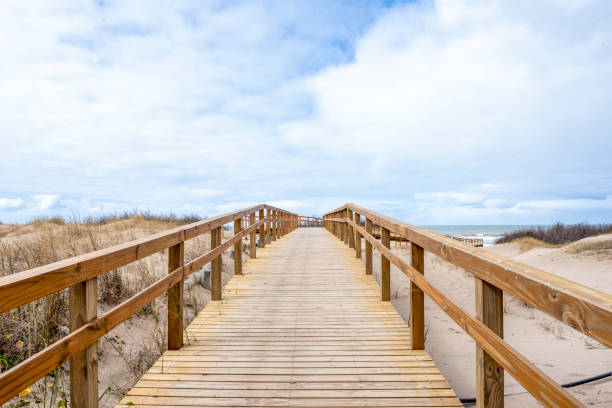 istock Inviting wooden boardwalk extending towards a cloudy beach view 2195702237