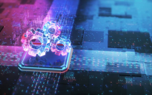 istock Data Stream Powerful Futuristic Motherboard Chipset and CPU Digital Gears Production and Working Concept 2195702706